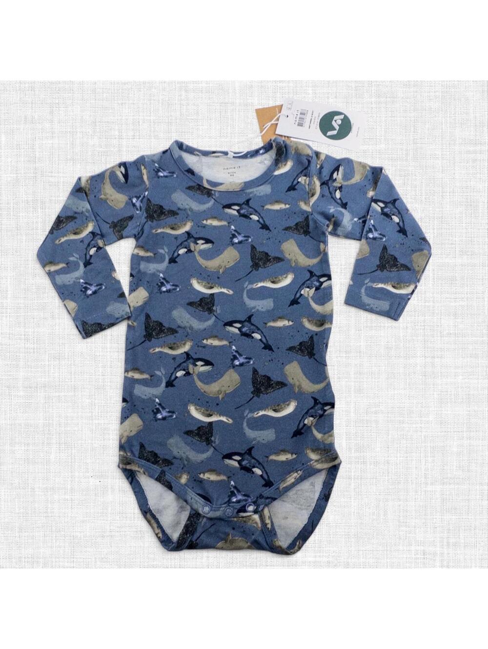 9-12 Mo | Name It - Long Sleeve Onesie Bodysuit, Whales, Sting Rays, Fish, Org